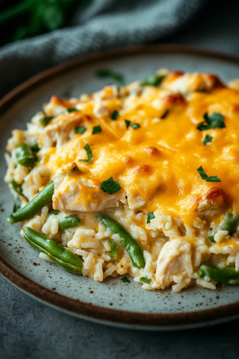 Close-up of chicken rice casserole with green beans in a bright, appetizing setting.