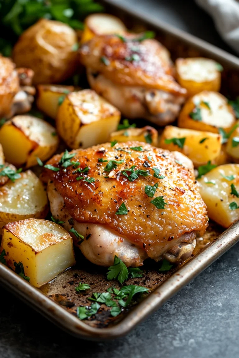 Close-up of roasted chicken thighs and potatoes on a sheet pan with herbs