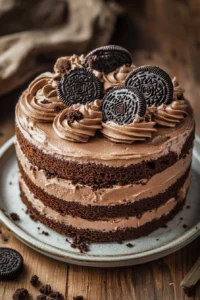 Close-up of a chocolate cake topped with Oreo pieces on a clean background