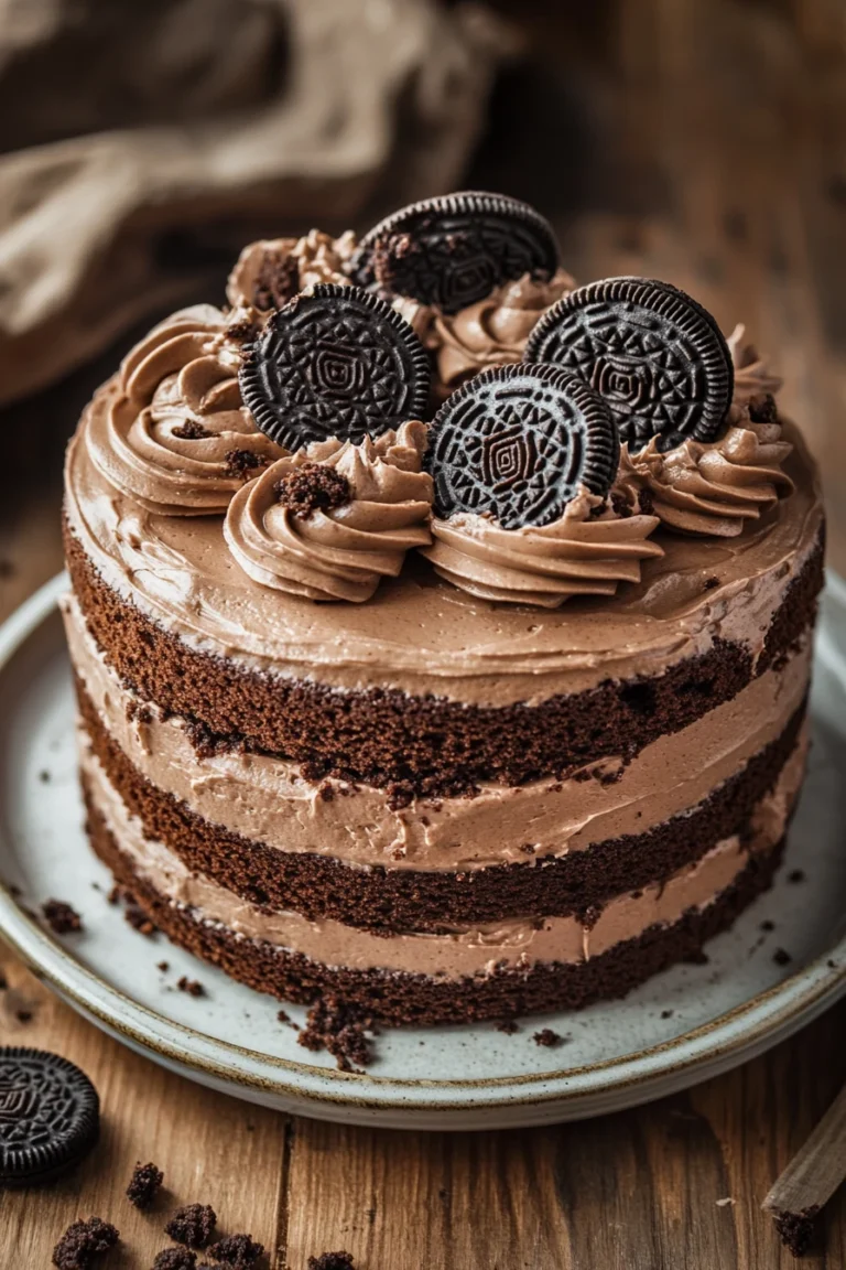 Close-up of a chocolate cake topped with Oreo pieces on a clean background