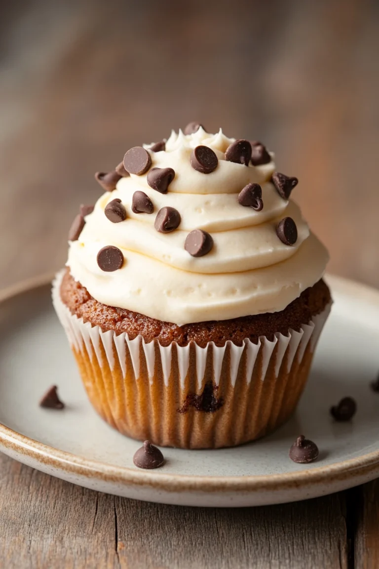 Close-up of chocolate chip cookie cupcakes with chocolate chips on top