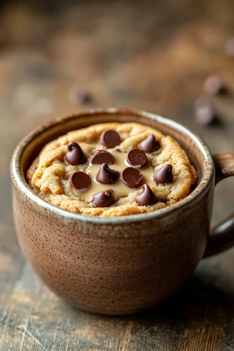 Close-up of a chocolate chip cookie in a mug with bright lighting and minimal background.
