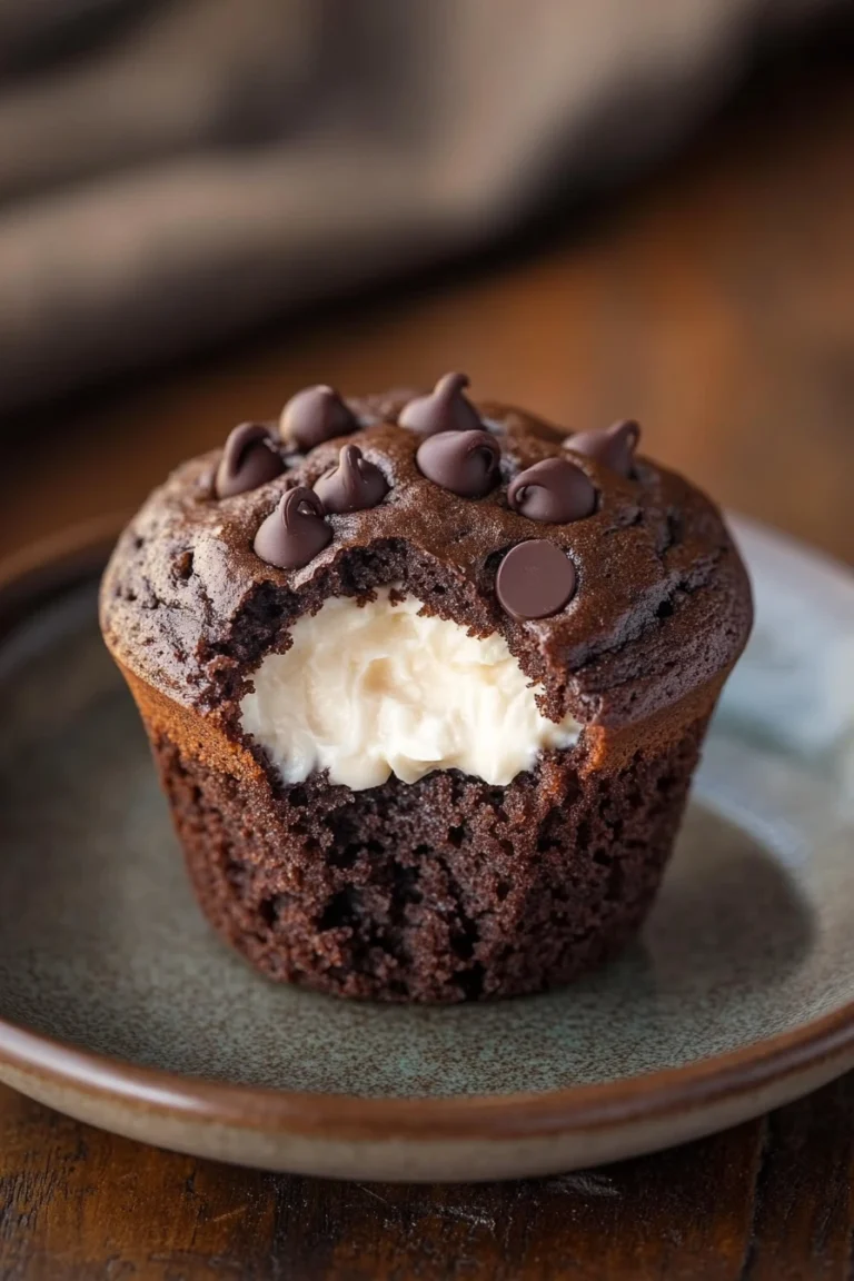 Close-up of a chocolate muffin topped with cream cheese, showcasing rich textures and appetizing details.