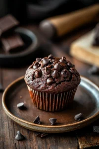 Close-up of a chocolate muffin in a cup with a rich, textured top.