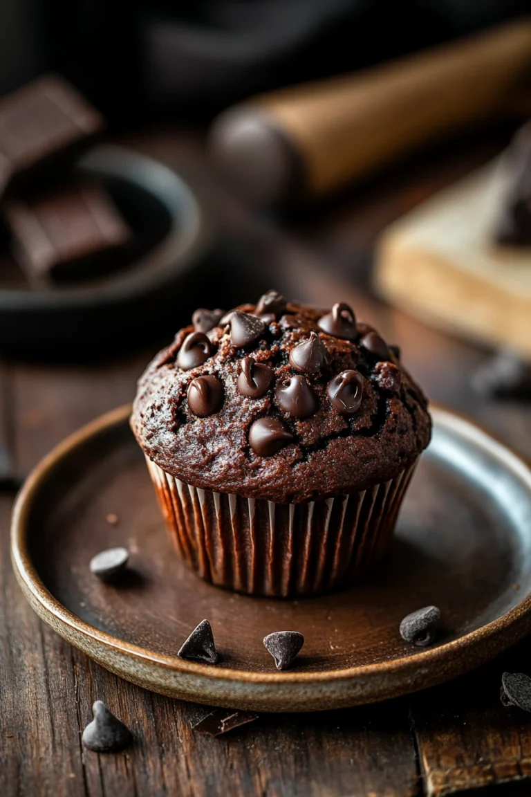 Close-up of a chocolate muffin in a cup with a rich, textured top.