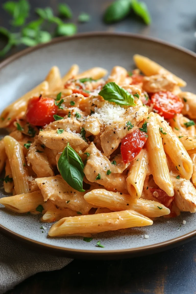 Close-up of creamy chicken pasta with herbs on a white plate