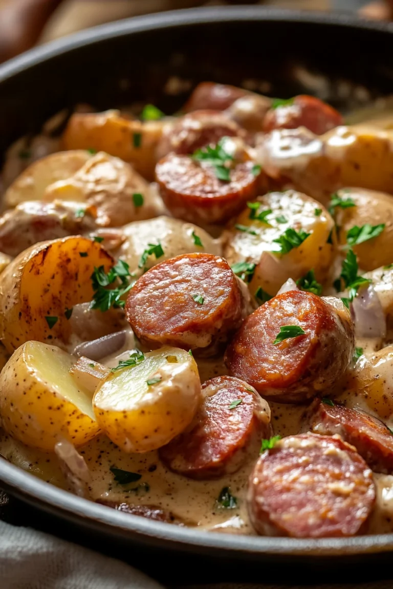 Close-up of a creamy kielbasa skillet with pasta and herbs in a bright setting