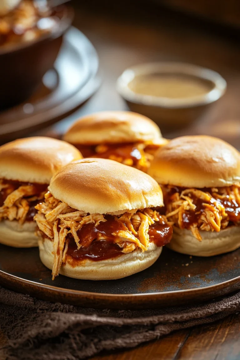 Close-up of crock pot chicken sandwiches with creamy sauce and fresh herbs