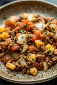 Close-up of a hearty crock pot ground beef dish with rich textures and warm lighting.