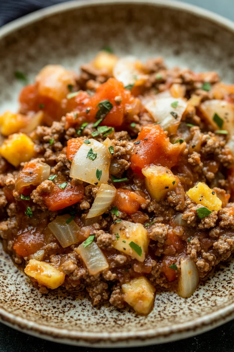 Close-up of a hearty crock pot ground beef dish with rich textures and warm lighting.