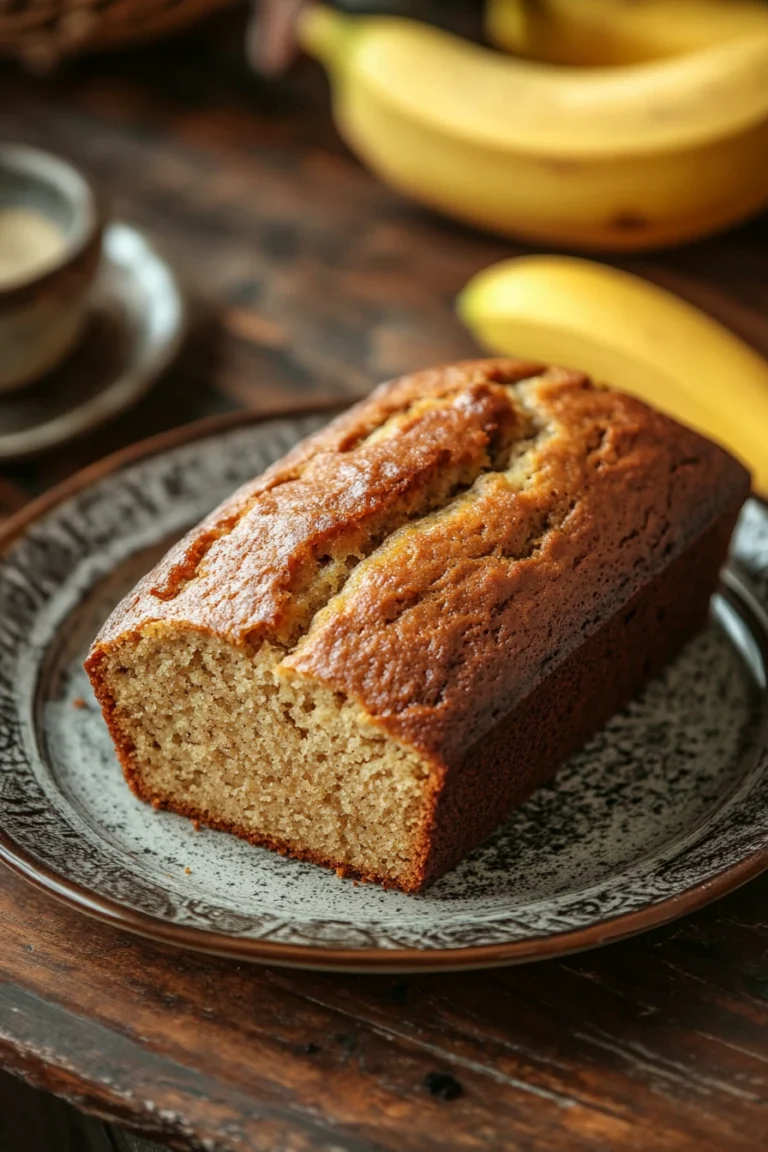 Close-up of freshly baked banana bread with a golden crust on a wooden board.
