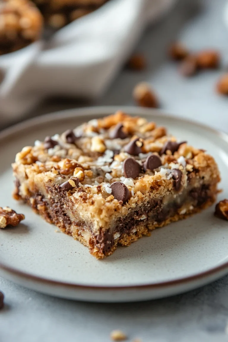 Close-up of a magic cookie bar with layers of chocolate chips, coconut, and nuts.