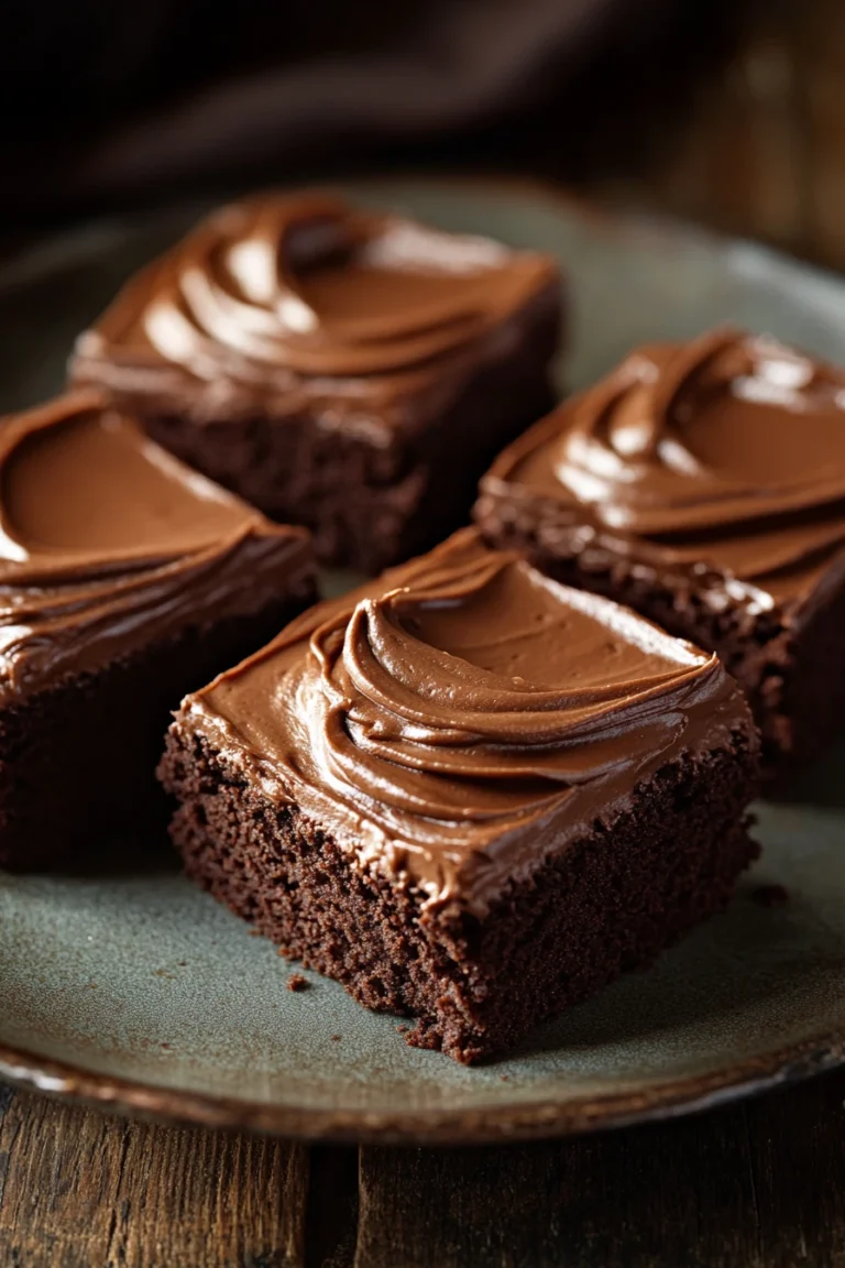 Close-up of sheet cake squares with a light frosting on a white plate.
