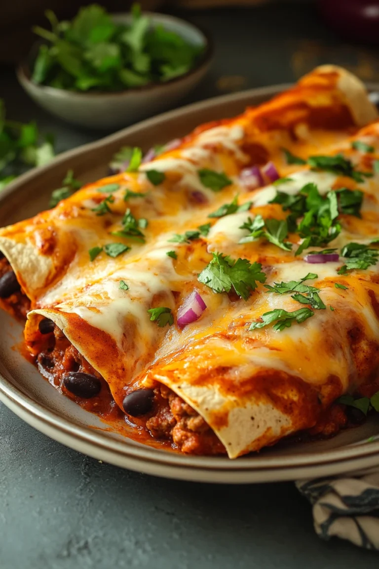 Close-up of freezer beef and bean enchiladas with melted cheese and a clean background.