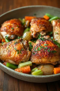 Close-up of creamy chicken thighs with herbs on a white plate