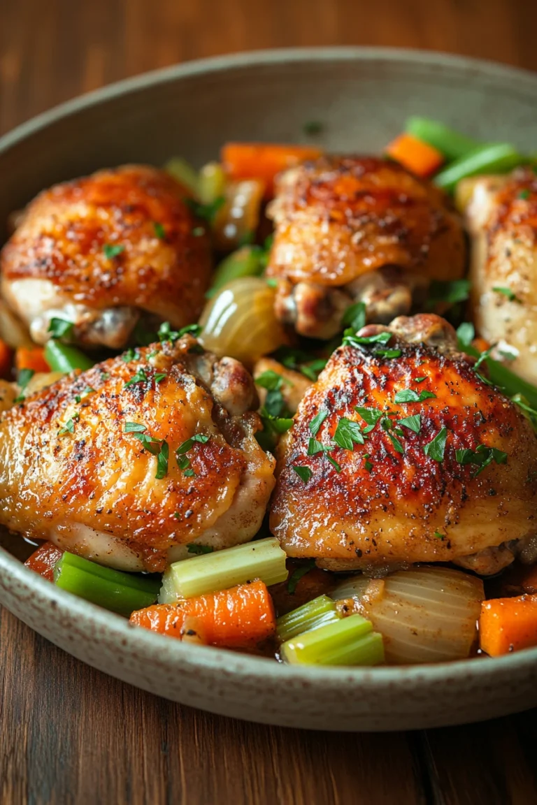 Close-up of creamy chicken thighs with herbs on a white plate