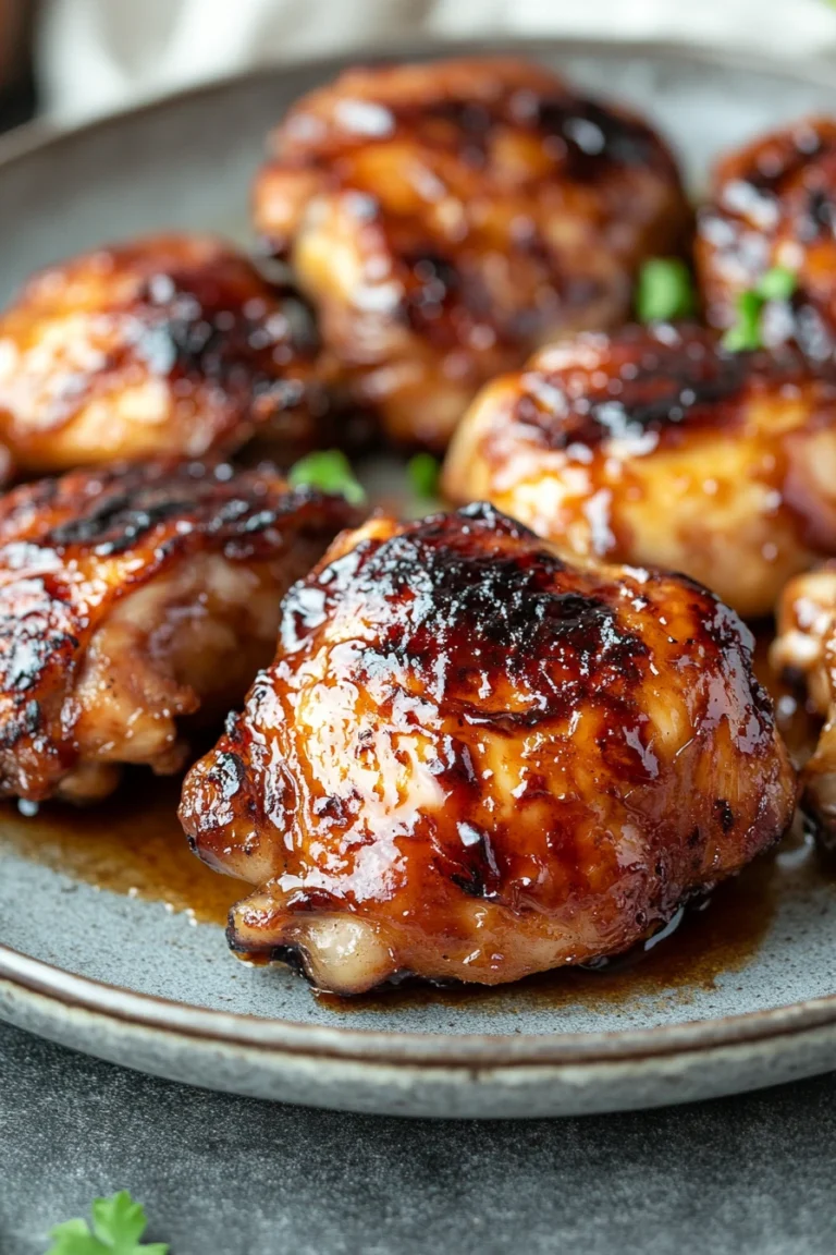 Close-up of juicy huli huli chicken with a golden glaze, perfect for freezer storage.