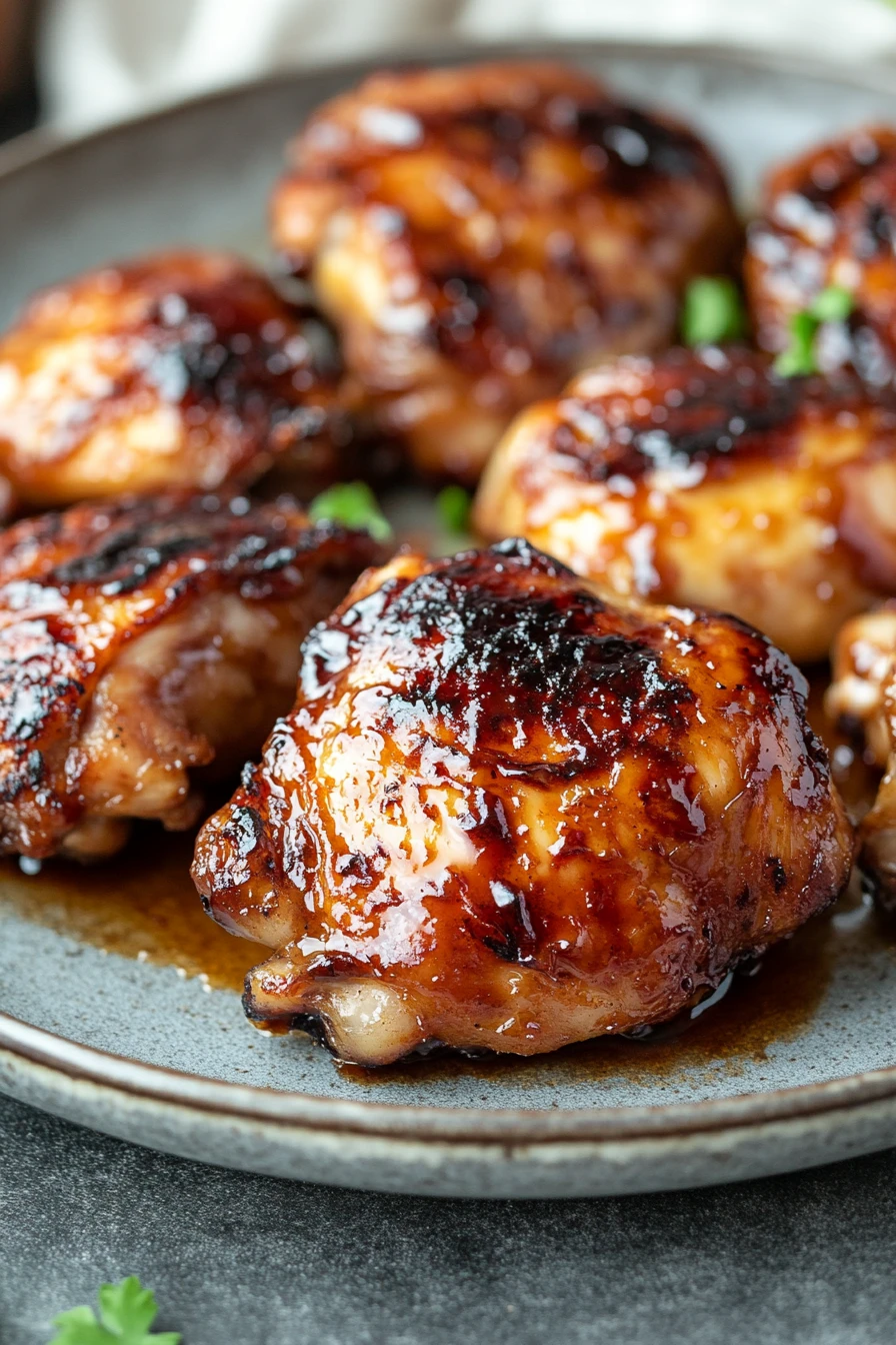 Close-up of juicy huli huli chicken with a golden glaze, perfect for freezer storage.