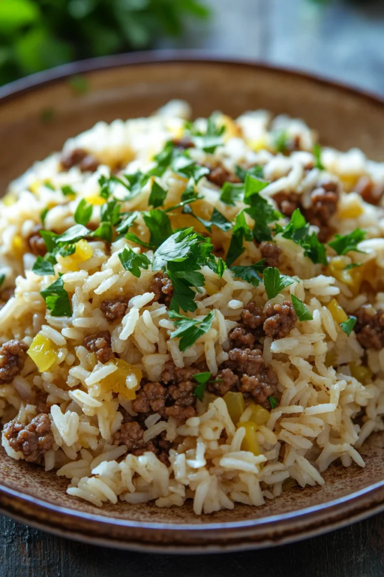 Close-up of a garlic butter beef rice skillet with bright lighting and minimal background.