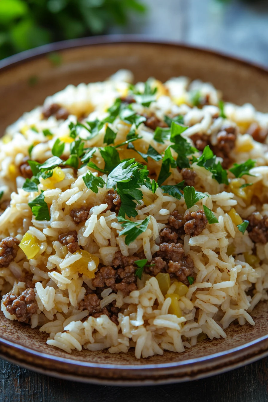 Close-up of a garlic butter beef rice skillet with bright lighting and minimal background.