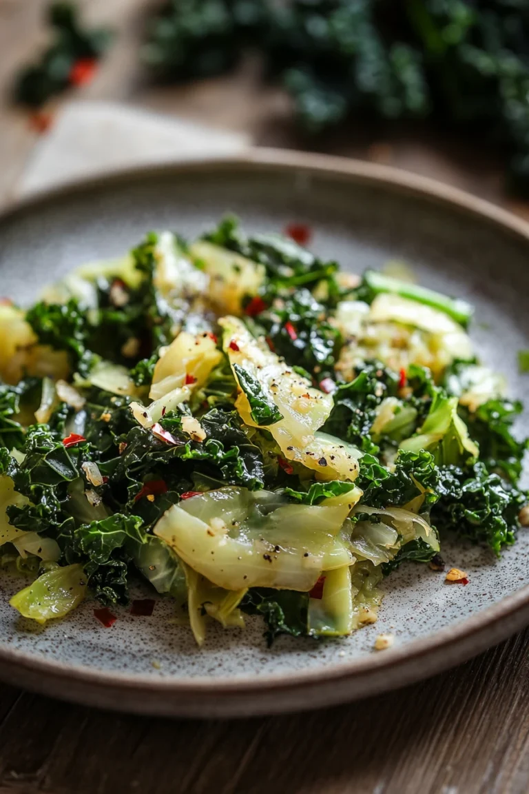 Close-up of a garlic cabbage and kale skillet with vibrant greens and garlic slices