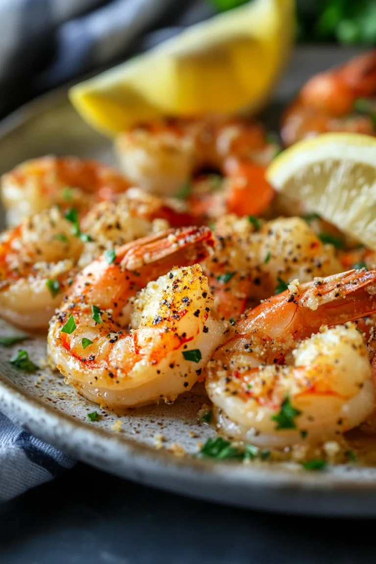 Close-up of garlic parmesan sheet pan shrimp with golden crust and herbs