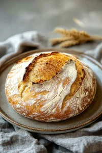 Close-up of a golden-brown no knead bread made with active dry yeast on a wooden board