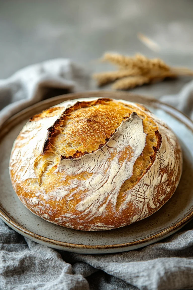 Close-up of a golden-brown no knead bread made with active dry yeast on a wooden board