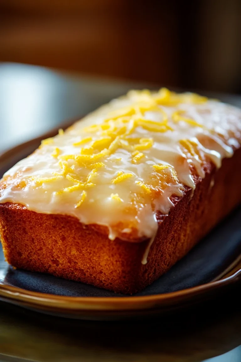 Close-up of a greek yogurt lemon loaf cake with a light glaze and lemon slices on top.