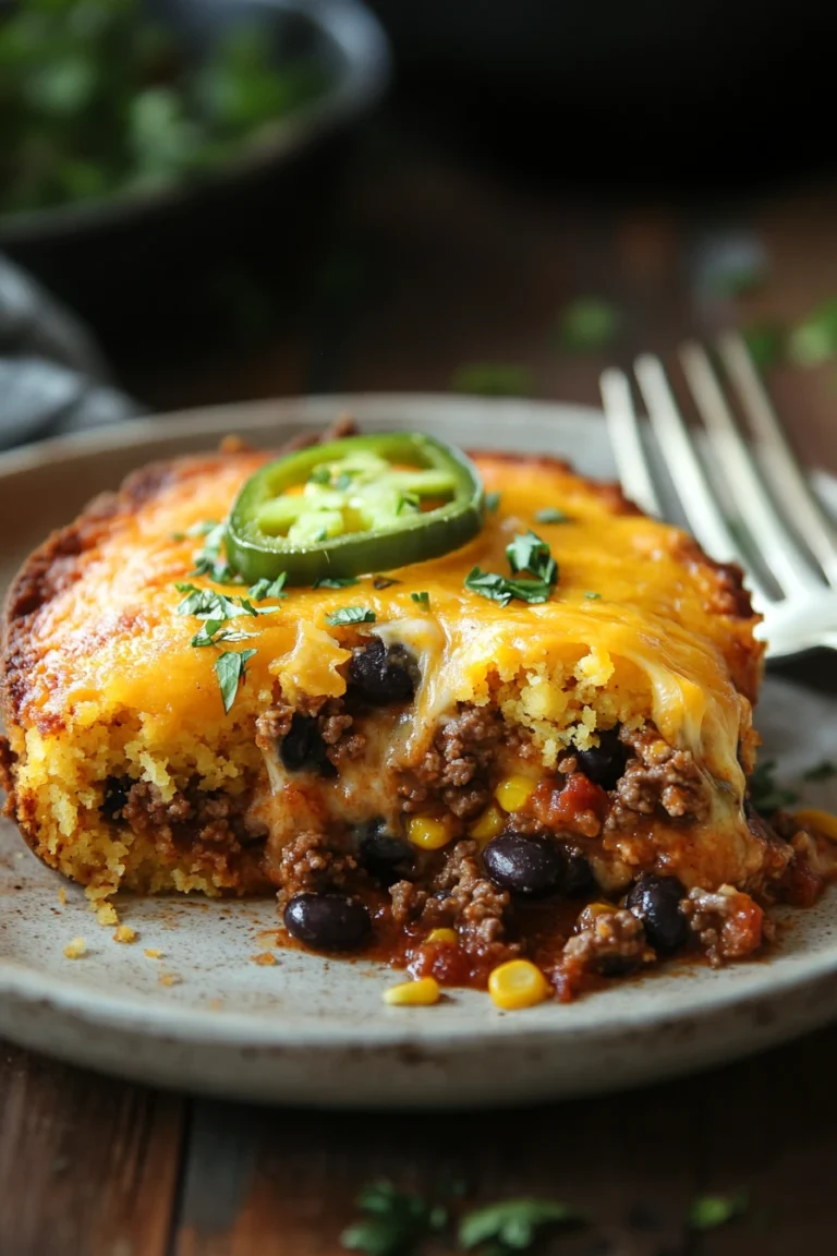Close-up of a ground beef jalapeno cornbread casserole with a golden crust