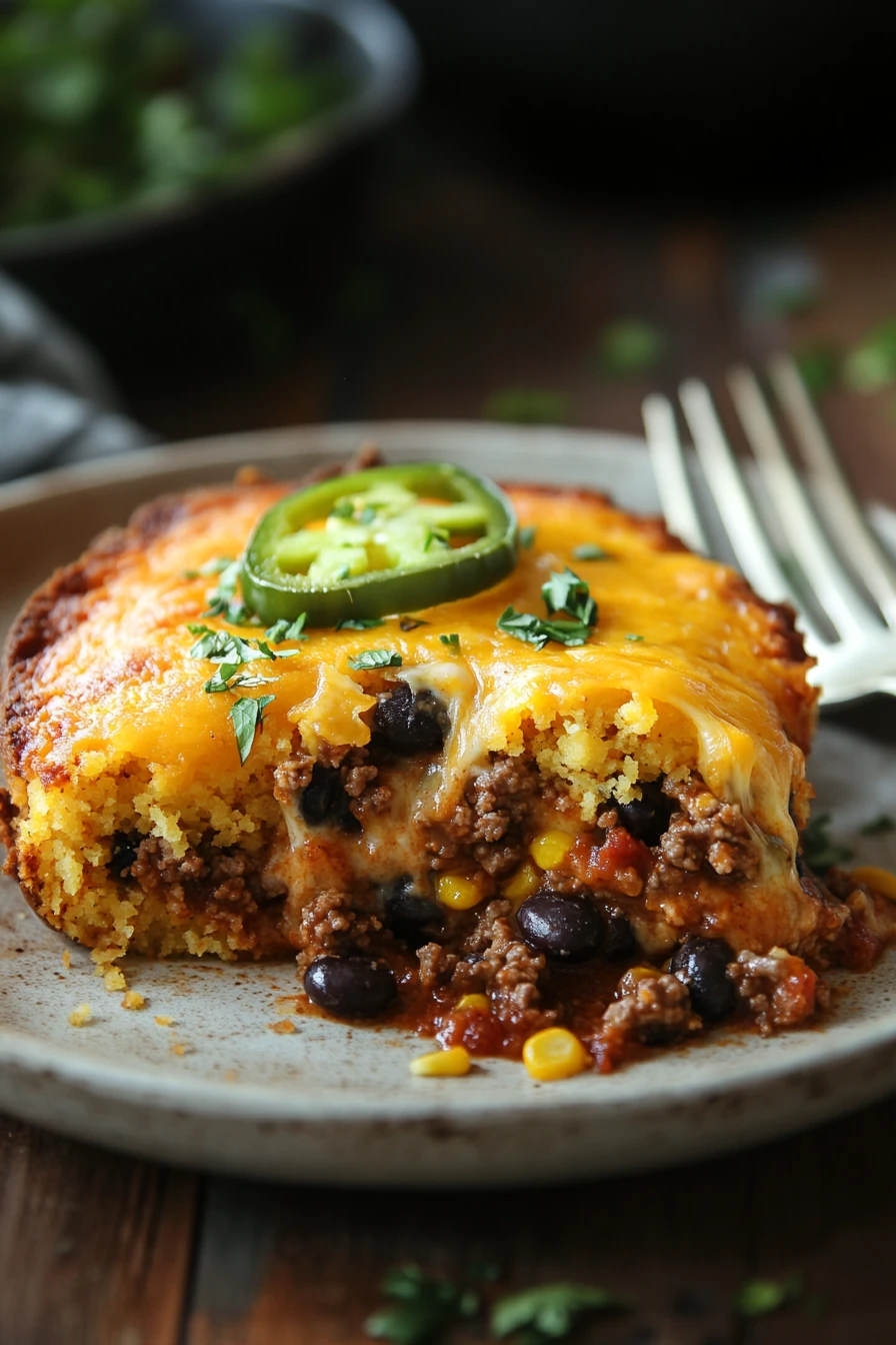 Close-up of a ground beef jalapeno cornbread casserole with a golden crust