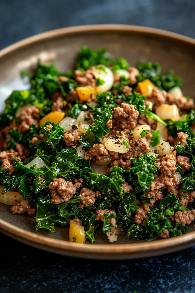 Close-up of a hearty ground beef and kale dinner with bright natural lighting.