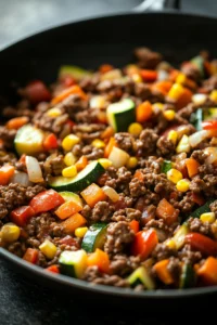 Close-up of a ground beef vegetable skillet with vibrant colors and fresh ingredients.