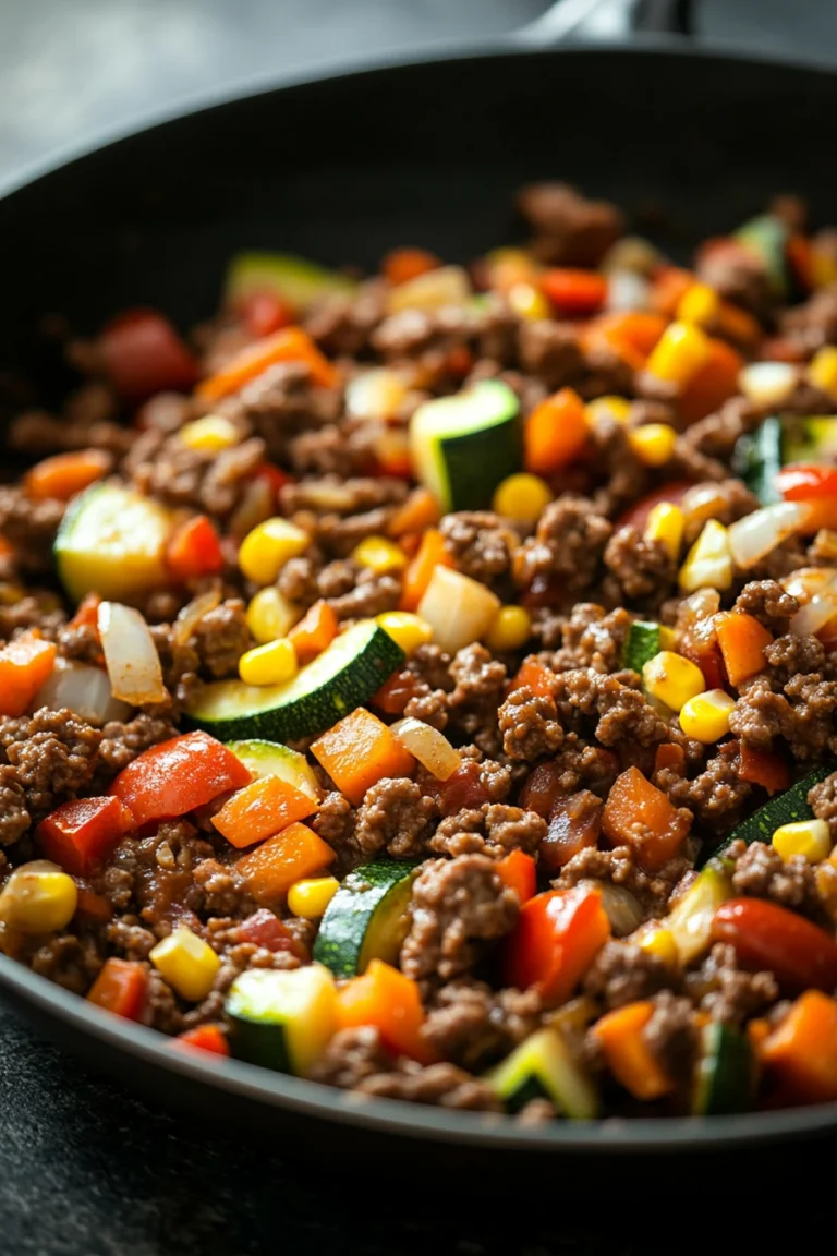 Close-up of a ground beef vegetable skillet with vibrant colors and fresh ingredients.