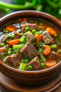 Close-up of a hearty beef dish in a crockpot with rich textures and warm lighting.