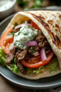 Close-up of a high protein beef gyro with fresh ingredients and vibrant colors.