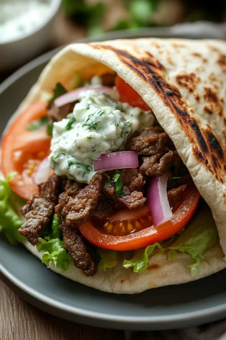 Close-up of a high protein beef gyro with fresh ingredients and vibrant colors.