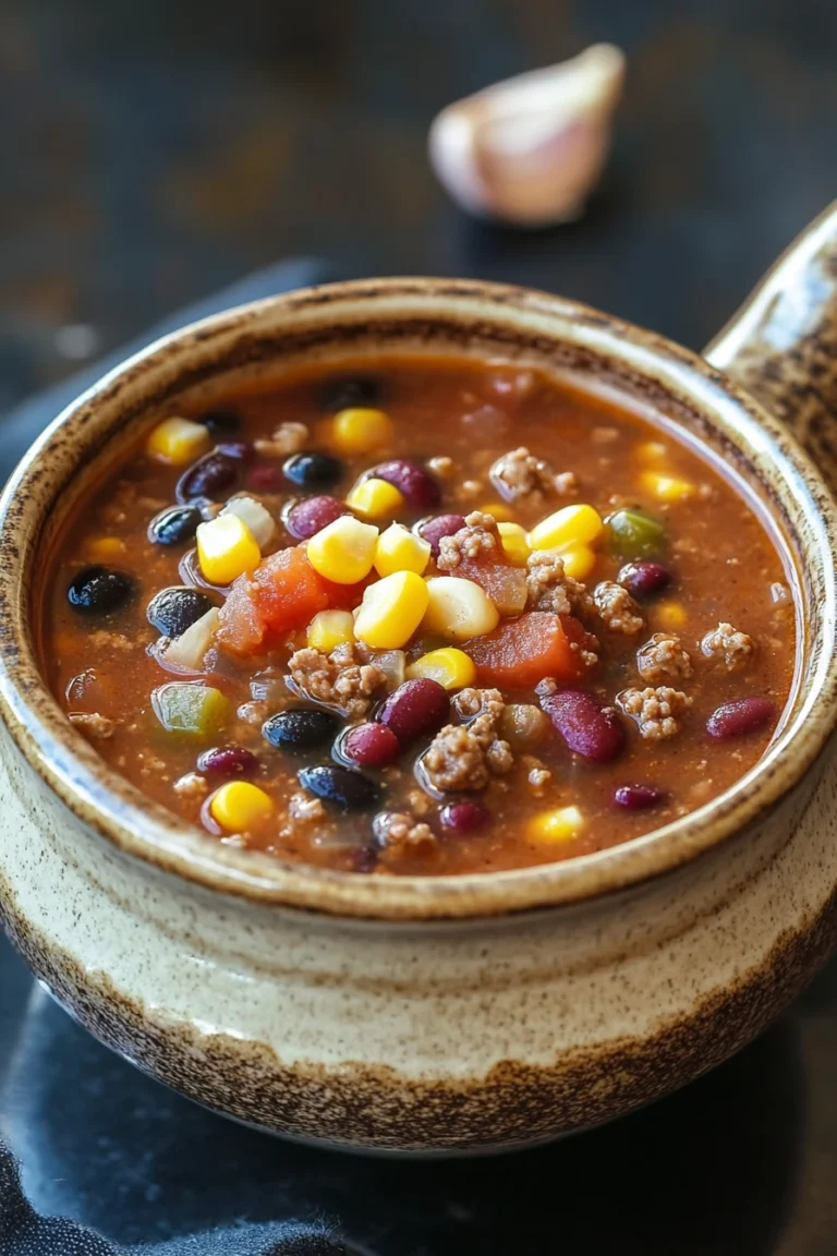 Close-up of high protein beef taco soup with vibrant toppings and a clean background.