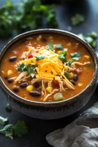 Close-up of high protein chicken enchilada soup with creamy sauce and chicken pieces