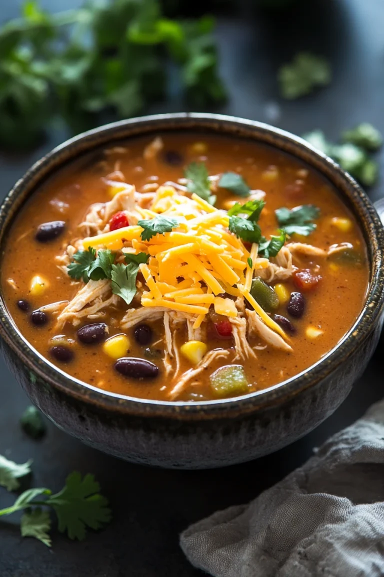 Close-up of high protein chicken enchilada soup with creamy sauce and chicken pieces