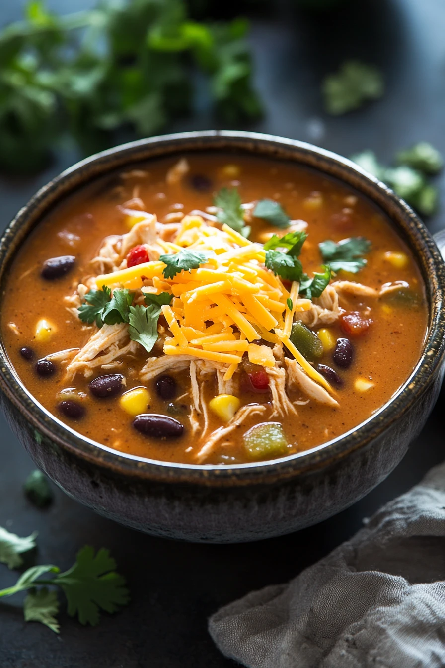 Close-up of high protein chicken enchilada soup with creamy sauce and chicken pieces