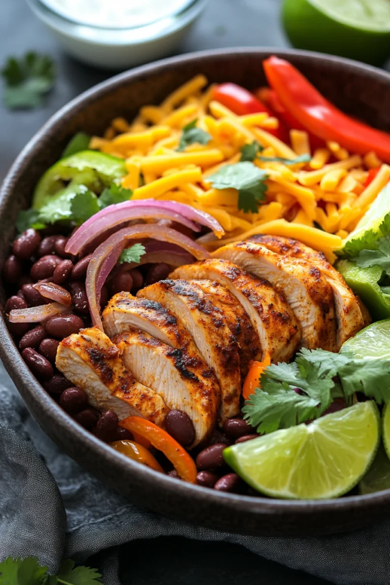 Close-up of a high protein chicken fajita bowl with colorful vegetables and grilled chicken