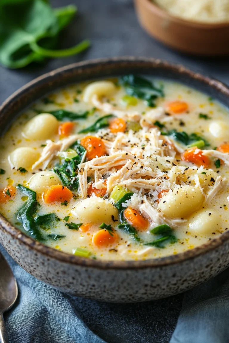 Close-up of creamy chicken gnocchi soup with visible textures and bright lighting