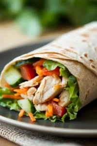Close-up of a high protein chicken wrap with fresh ingredients and a creamy sauce