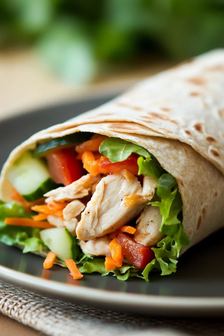 Close-up of a high protein chicken wrap with fresh ingredients and a creamy sauce
