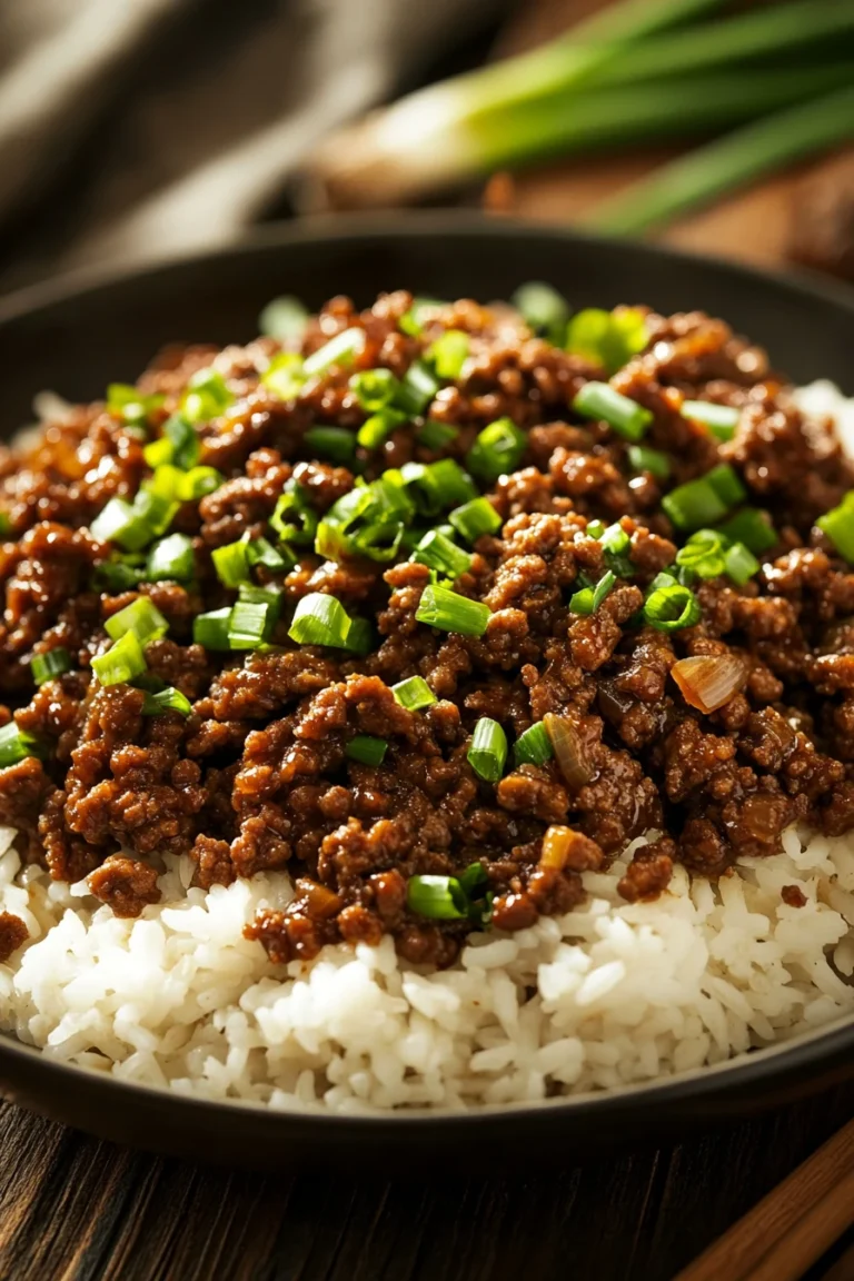 Close-up of a honey garlic beef and rice skillet with bright, warm lighting and minimal background.