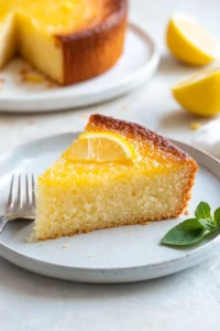 Close-up of a keto lemon pudding cake with a creamy texture and bright lighting.