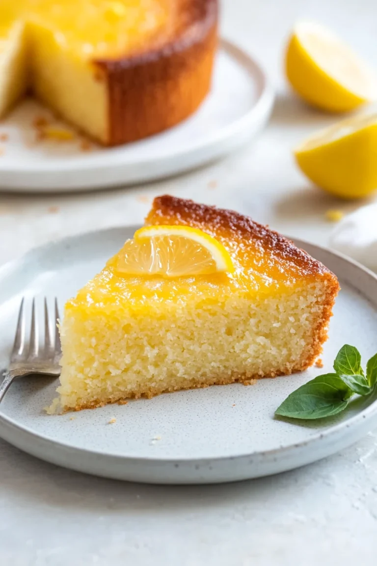 Close-up of a keto lemon pudding cake with a creamy texture and bright lighting.