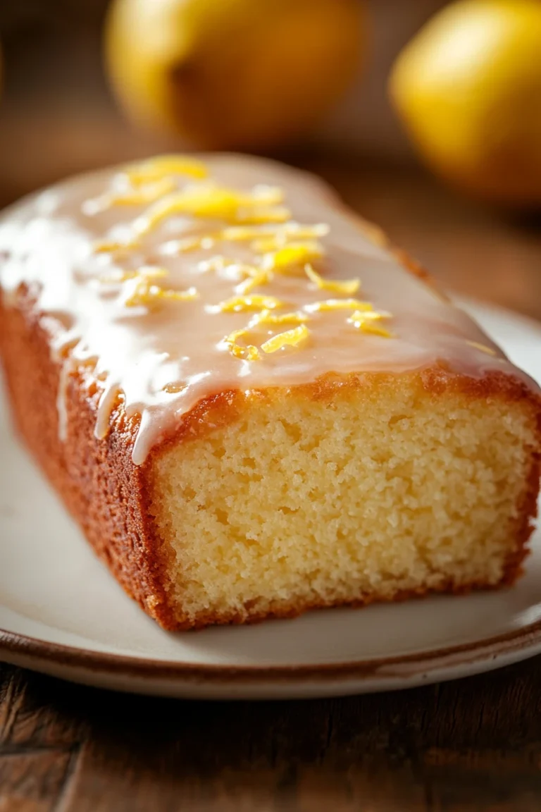 Close-up of a lemon cake loaf with decorative icing and lemon slices