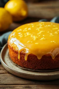 Close-up of a lemon cake with a light glaze, no buttermilk used, on a clean white background.
